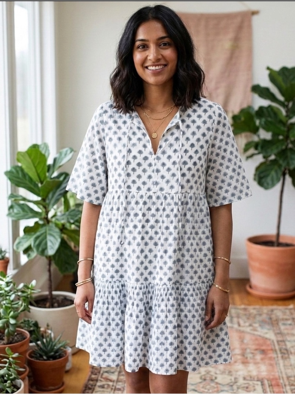 Emerson Fry India Collection Dress Women XS/S Tiered Mini Organic Cotton